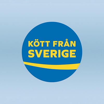 Kött från sverige. Mörkblå cirkel med gul text. Illustration. 